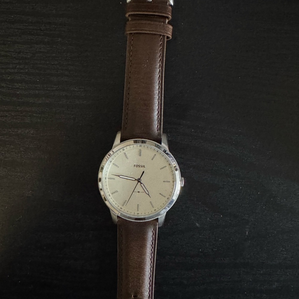 Fossil Silver Dial Watch with Brown Leather Strap